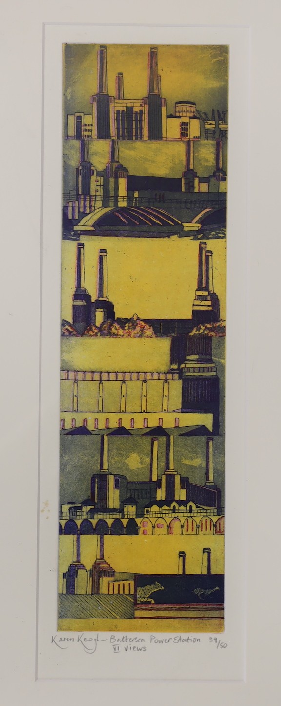 Karen Keogh, limited edition print, Battersea Power Station, 39/50, 34 x 10cm, a Sarah Young print of a Coracle, 5/300 and a Frank Taylor, watercolour, 'Strata and Fossils'